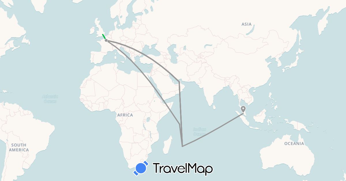 TravelMap itinerary: driving, bus, plane in United Arab Emirates, France, United Kingdom, Mauritius, Malaysia, Seychelles (Africa, Asia, Europe)